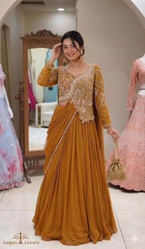 Image of indo Western Crep Silk Lehenga Set with Fully Stitched Blouse and Embroidered Koti Jacket for Women Lehenga Choli Musterd