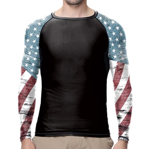 Jiu Jitsu Men American Flag UPF 50+ Sun Protection Printed Performance Fit Compression Rash Guard Long Sleeve Swim Shirts