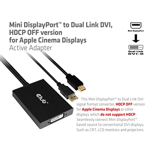 Adaptador Activo Mini DP a Dual Link DVI Club 3D HDCP Off monitor Apple Cinema 7995021001 3