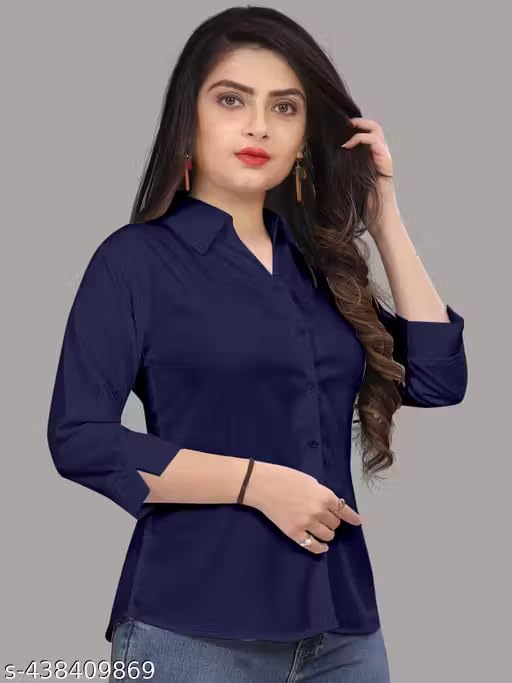 Image of Women's Cotton Blend Solid Formal Shirt with 3 /4 Sleeves-Navy Blue P4