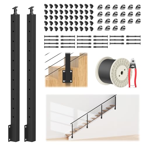 Image of 4-12FT 36 inch Side Mount Stair Railing Post Kits Include 2Pack Right Side Stair Posts, 150FT Wire Rope, Fasica Mount Swageless Stair Railing, 1 /8 inch Stainless Steel Black Cable Railing Kits, RG73