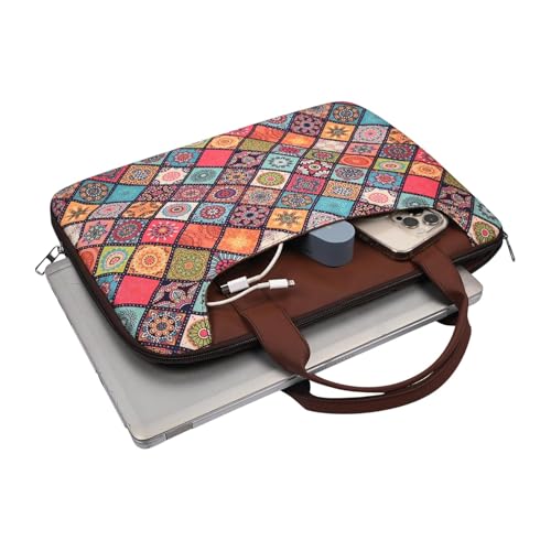 Image of Tabelito Designer Printed Laptop Sleeve for Women (13-15.6 Inch) | Jute & Vegan Leather Office Handbag | Lightweight Stylish Work Bag with Handle