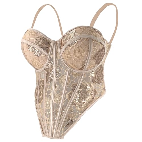 ELLACCI Women's Bustier Corset Top with Sequin Floral Lace Mesh Sheer Slimming Bodysuit Khaki Medium
