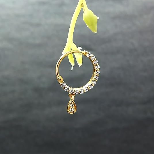 18K Gold Plated Diamond Nose Ring – Hypoallergenic Yellow Gold Indian Nose Pin Nath for Women, CZ Diamond Gems, Bollywood Bridal Jewelry for Parties & Festivals