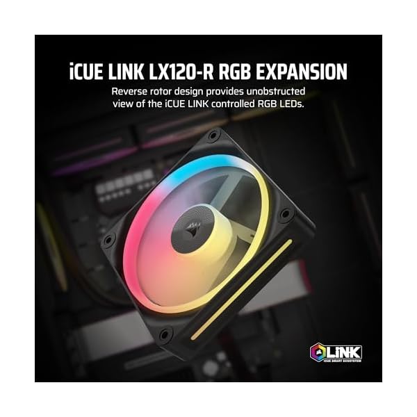 Corsair iCUE LINK LX120-R RGB 120mm PWM Reverse Fan – Single Fan – Low-Noise, Magnetic Dome Bearing, Dual Light Loops, QuikTurn™ Screws, Zero RPM Mode – Black - Image 3