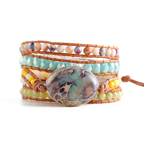 YGLINE Handmade Wrap Bracelet Regalite Jasper & Agate Natural Stones Leather Charm 5 Strands Boho Bracelet