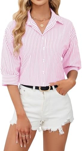 siliteelon Striped Button Down Shirt Women 3/4 Sleeve Collared Dr...