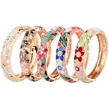 UJOY Enamel Bracelets Pack of 5 Colorful Cloisonne Rose Gold Flower Engraved Bangles for Women Jewelry Gift Pack in a Box 5PCS