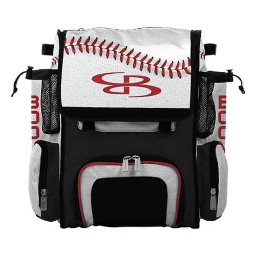 Boombah Mini Superpack Bat Bag Baseball Softball Backpack, Holds 2 Bats, Shoe Compartment, Water Bottle Holders - Baseball 2 White/Red/Black