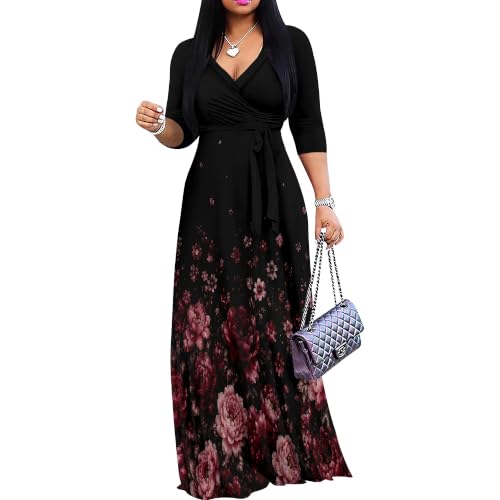Image of Plus Size Maxi Dresses for Women V Neck 3 /4 Sleeve Wrap Dress