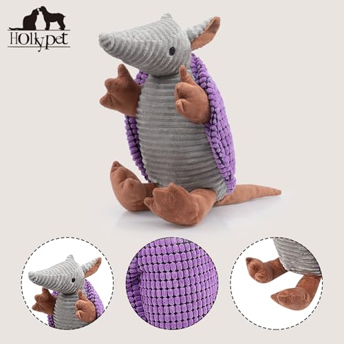 Image of Hollypet Plush Dog Squeaky Toy Stuffed Armadillo Animal Pet Puppy Chew Toys with Clean Teeth for Small Medium Large All Breed Sizes Dogs, Purple, 14 in
