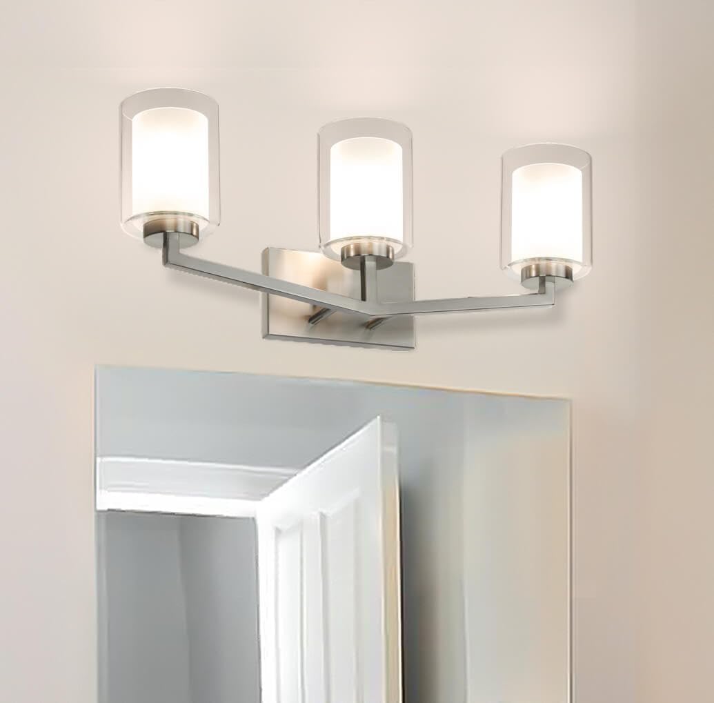 XiNBEi Lighting Brushed Nickel Bathroom Vanity Light, Modern 3-Light Bathroom Light Fixture with Dual Glass Shade Iron Wall Sconce Lighting Over Mirror XB-W1294-3-BN