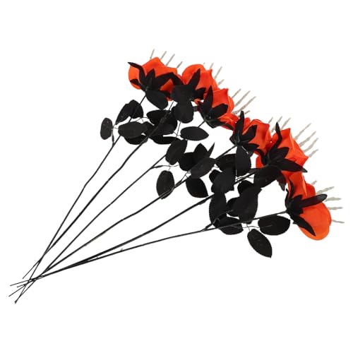 Homoyoyo 6Pcs Halloween Faux Rose Stems with Skull Skeleton Hand Orange Skeleton Rose Floral Arrangement for Gothic Home Decor, Halloween Party Decoration, Vampire and Scary Table Ornament