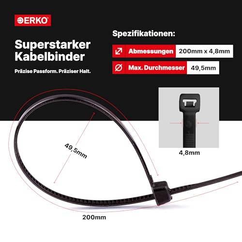 ERKO Kabelbinder Schwarz 200 x 4,8 mm Set 100 Stück UV-beständig, Für Kabelmanagement, Gartenarbeit, Wohnen, Werkstätten