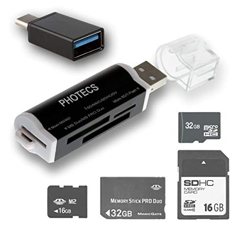 Photecs® USB Multi Card Reader Kartenlesegerät, Mini-Kartenleser für SD, SDHC, SDXC, Micro SD, M2, Pro Duo * jetzt mit Adapter für Android-Handy * Cover
