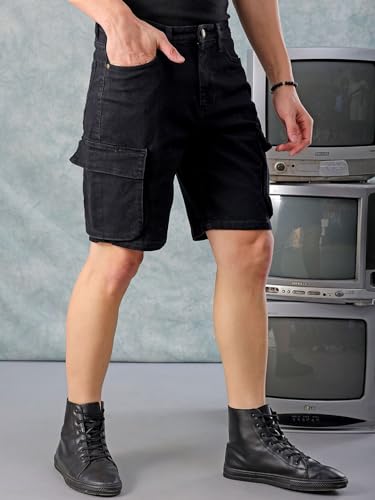 Image of The Indian Garage Co Men Relaxed Fit Solid Mid-Rise Denim Cargo Shorts