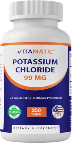 Vitamatic Potassium 99mg – 250 Tablets – Potassium Chloride for Muscle, Heart & Nerve Function – Electrolyte Support – Non-GMO, Gluten-Free