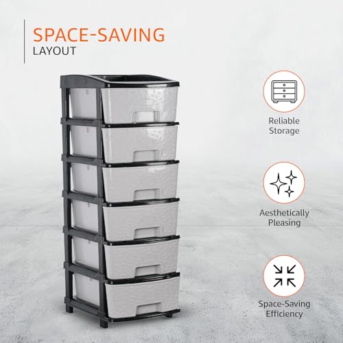 Image of Amazon Basics Plastic 6 Tier Multipurpose Modular Drawer Storage Rack | Kitchen & Home Essentials Organizer Storage Box Cabinet | Almira Set for Stationary, Kitchen, Cosmetic | Black & Grey