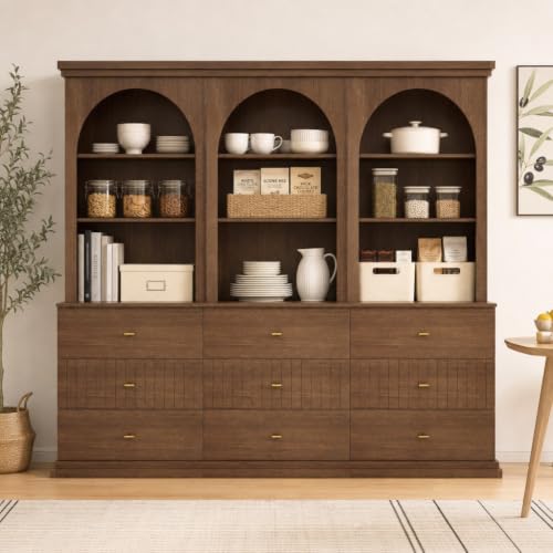 Image of ivaniti 71 inch Arched Kitchen Pantry Cabinet Set of 3 with 9 Drawers, Dark Brown Freestanding Storage Hutch with Open Shelves and Gold Handles for Kitchen, Dining Room
