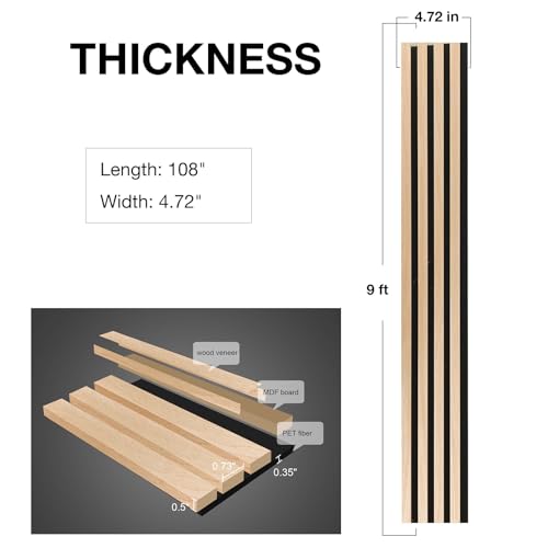 NeatiEase Wood Wall Panels, 9 Feet Acoustic Slat Wall Panels for Interior Wall Decor and Noise Reduction, Decorative Slat Wall Paneling, Natural Oak, 4-Piece