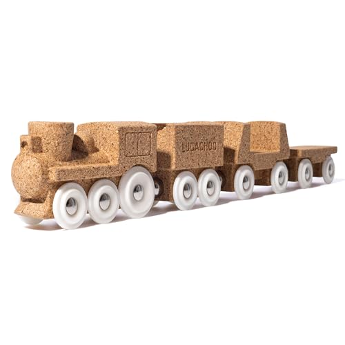 Lucachoo Paintable Cork Train Toy Set for Promoting Creativity and Learning (Ages 3+), Zero Plastic, Hypoallergenic, and Works with All Train Sets (Locomotive + Tender + Bulkhead Car + Flat Car)