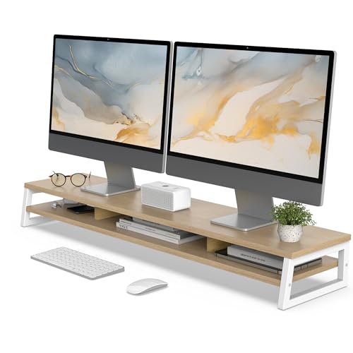 Fenge Dual Monitorständer Riser 108cm Große Computer Bildschirmständer für PC/Laptop/Fax/Drucker/TV, Schreibtisch Organizer,Tragfähigkeit 45KG (Eiche)