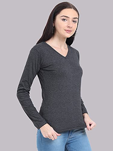 Image of FLEXIMAA Women's Cotton Plain V Neck Full Sleeve T-Shirt