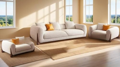 Image of Boucle Fabric Modern Design Sofa with Pillow or Strong Woden Legs Best for Living Room, Halways, Garden (3+1+1 Seater)