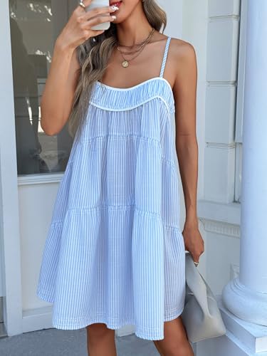 Image of Wenrine Womens Striped Mini Dress Oversized Spaghetti Strap Casual Sleeveless Ruffle Tiered Beach A Line Dress Blue