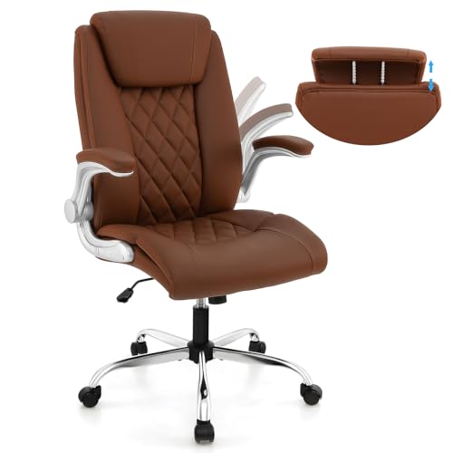 Image of COSTWAY PU Leather Office Chair, Height Adjustable Executive Chair with Rocking Function, 6-position Adjustable Headrest, Flip up Armrests & Wheels, Home Office Swivel Computer Desk Chair (Brown)