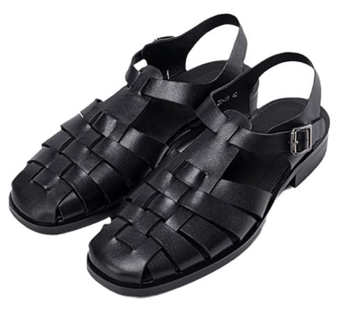 Mens Sandals Black Dress Slippers Handwoven Cowhide Leather Casual Shoes for Men Summer Beach Closed Toe Sandals Stylish Comfortable Non-Slip Shoes