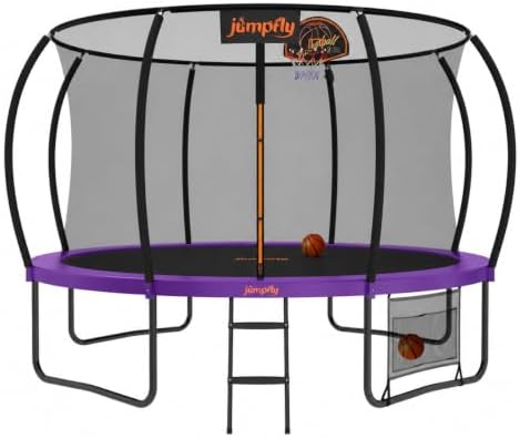Jumpfly Tranpoline Outdoor Tranpoline for Kid with Basketball Hoop 10FT Recreational Tranpoline with Enclosure Net Quick & Easy Assembly ASTM Approved Big Tranpoline for Backyard Purple