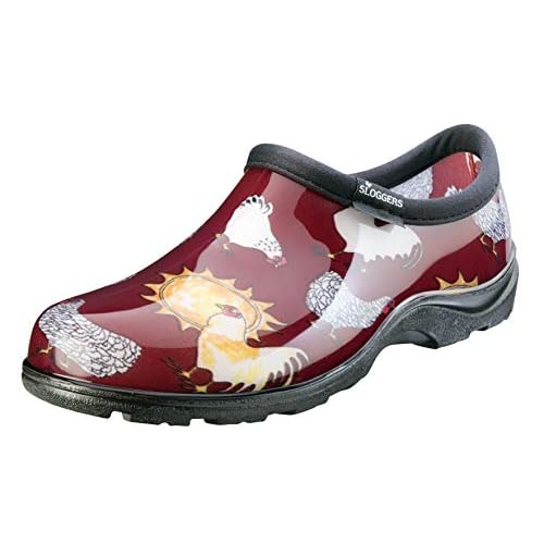 Sloggers Original Waterproof Rain and Garden Shoe for Women– Outdoor Slip-On Garden Clog – Made in The USA with Premium Comfort Insole and Arch Support – Chicken Print Barn Red, Size 9