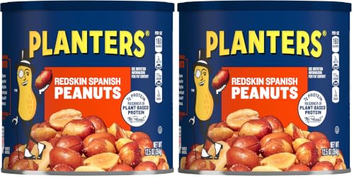 Image of PLANTERS Redskin Spanish Peanuts, Roasted Salted Peanuts, Plant Based Protein 12.5oz (1 Canister) (Pack of 2)