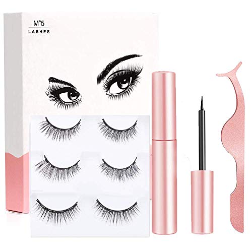 Magnetic Eyelashes with Eyeliner kit, 3 Pairs Magnetic Eyelashes - 3D Reusable Eyelashes Natural Look and Water Resistant, Magnetic Eyeliner and Lashes with Applicator - no Glue Needed