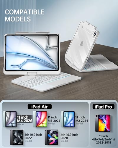 Image of Intermerge for iPad Air 11 inch Case with Keyboard Transparent(M4 /M3 /M2, 2026 /2025 /2024) & Air 5 /4 Gen, 360 Rotating Multi-Touch Trackpad, 7-Color Backlit Keyboard, Pencil Holder - White