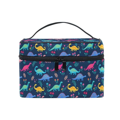 Mnsruu Cute Makeup Bag, Dinosaurs Flowers Makeup Organizer Bags Toiletry Bag Box Travel Cosmetic Bag Make Up Train Case for Women Teen Girl Ladies