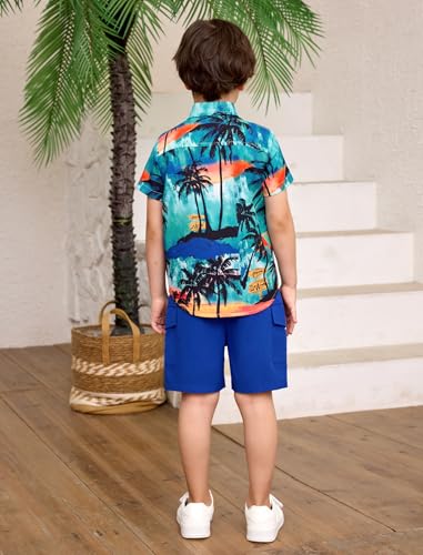Image of IBTOM CASTLE Boys Hawaiian Button Down Shirts and Short Sets with Bucket Hat Kids Summer Vacation Outfits Tropical Shirt