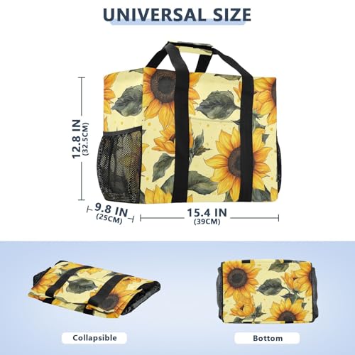 JUNZAN Yellow Sunflowers in Beige Utility Tote Foldable Beach Tote Bag With Compartments Reusable Shopping Bags with Handles Travel Laundry Bag 5