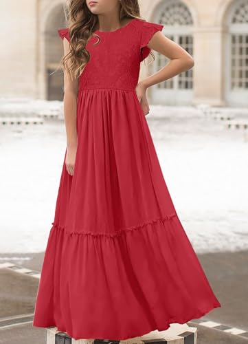 Image of MITILLY Girls Lace Flower Wedding Guest Long Maxi Dress for 6-12 Years | Girls Boho Dress, Girls' Special Occasion Dresses, Wedding Party, Size 6-12 Years, Ruffle Sleeve, A Line, With Pockets