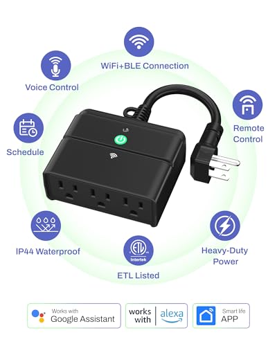 BN-LINK Smart Wi-Fi Outdoor Smart Plug, Heavy Duty Wi-Fi & Bluetooth Smart Plug with 3 Outlets, Alexa Plugs for Alexa Devices & Google Assistant, Weatherproof IP44, No Hub Required, ETL Listed
