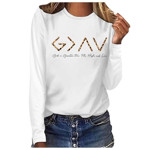 Camiseta de manga larga para mujer, diseño con texto en inglés 'Dios es más grande que los altibajos', Blanco, M