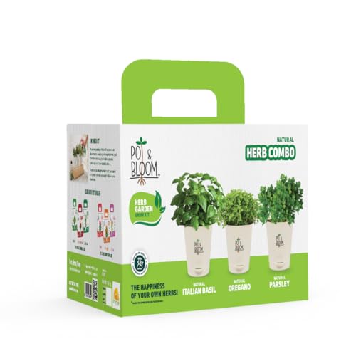 Pot and Bloom Gardening Kit - Herb Combo Kit. Perfect for Home Garden, Includes - Italian Basil, Oregano and Parsley Seeds, Three 4-inch Pots, Potting Mix,Complete Kit for Home Garden