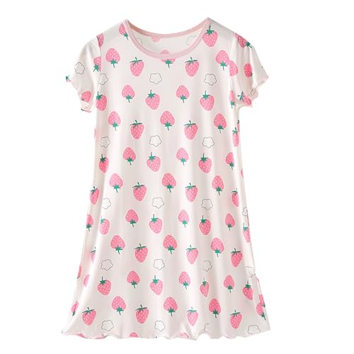 Girls Summer Nightgowns Short Sleeve Modal Sleep Shirts Cute Strawberry Print Princess Sleepwear Dress