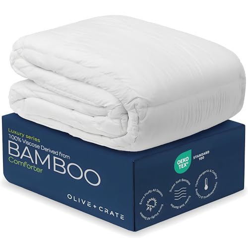 Olive + Crate Cooling Down Alternative Comforter - Hypoallergenic King Size Duvet Insert Lightweight - All Seasons Plush Design Bamboo Comforter - 100% Bamboo Viscose Outer Cover - White 102'x90'