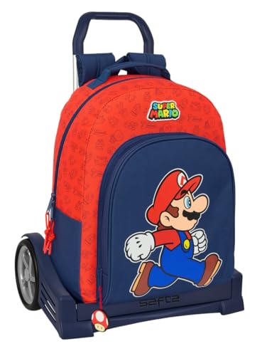 Safta SUPER MARIO TRICK   Mochila Escolar, Espalda Ergonómica, con Carro Evolution, Ideal para Niños de Diferentes Edades, Cómoda y Versátil, Calidad y Resistencia, 32x15x42 cm