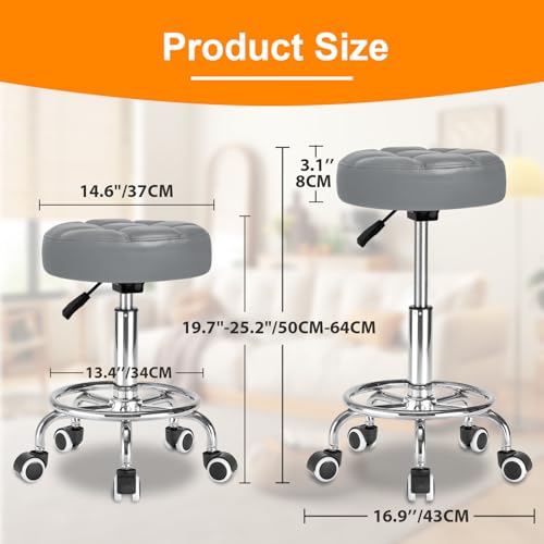 Image of Rolling Stool PU Leather Round - Ultra Soft Padded Seat Cushion Stool with Wheels with Footrest, Weight Capacity 300lb,Adjustable Height Stool for Tattoo Massage Salon Medical Spa Center (Grey)