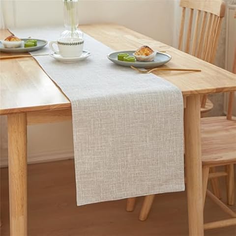 KRFOONN Burlap Farmhouse Table Runners for Home Decor 12 x 95 Inch Rustic Linen Style Kitchen Dinning Table Runner Cloth for Holiday Party Wedding and Dining Table Decor Everyday Use, Beige Cover