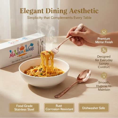 Image of Classic Rose Gold 20 Pcs Stainless Steel Cutlery Set for Dining Table, Dishwasher Safe Glossy Flatware (Perfect Spoon Fork Set)