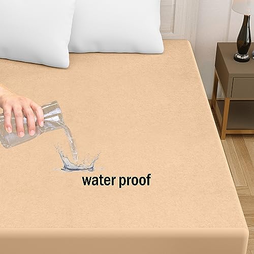 Image of Amigos 100% Waterproof Ultra Soft Cotton Feel Terry Mattress Protector King Size 84 inchx 72 inch | Breathable Hypoallergenic Elastic Fitted Mattresses Cover (84x72, Golden Baige)